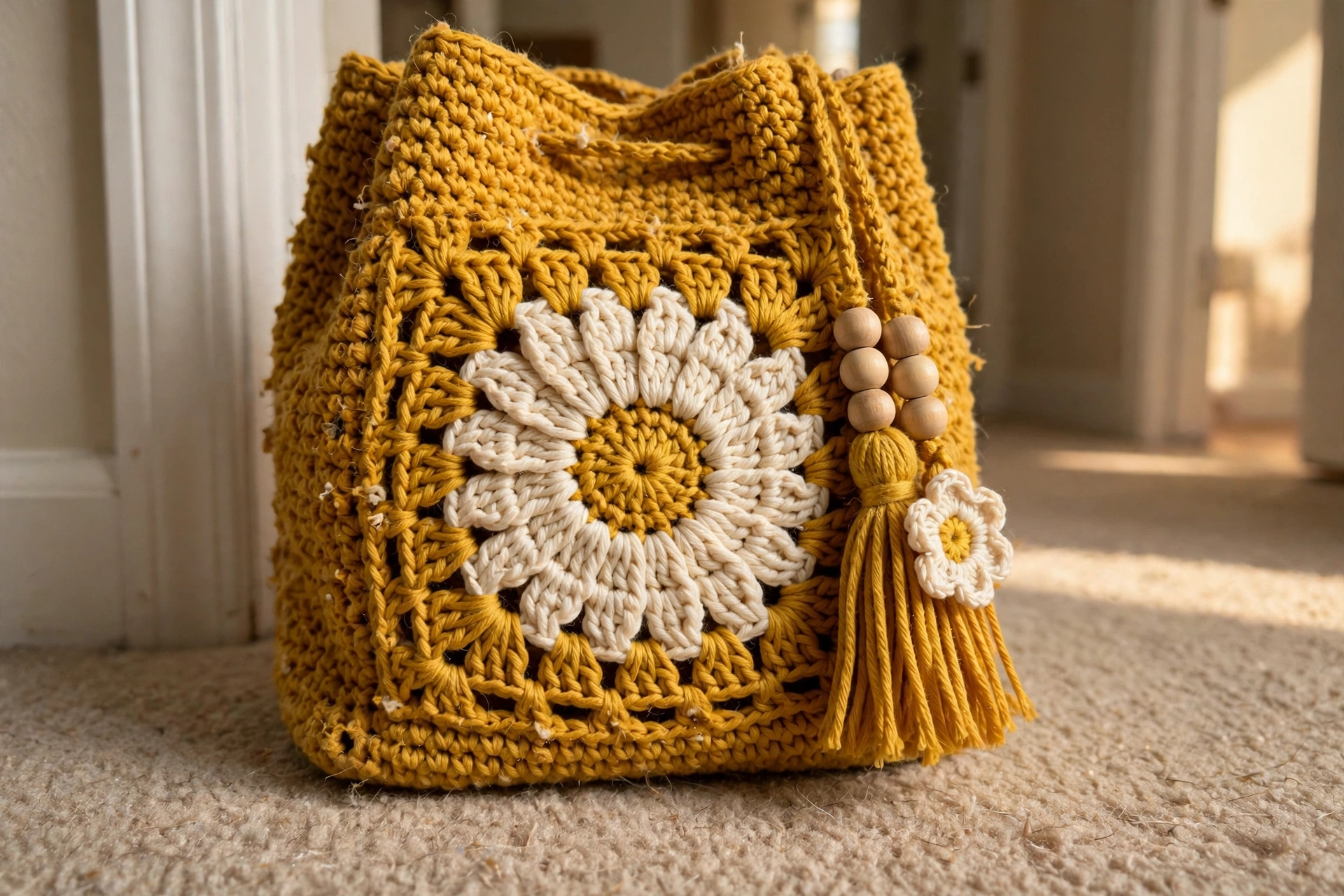 Close-up of daisy granny square and tassel charm with wooden beads on the mustard tote
