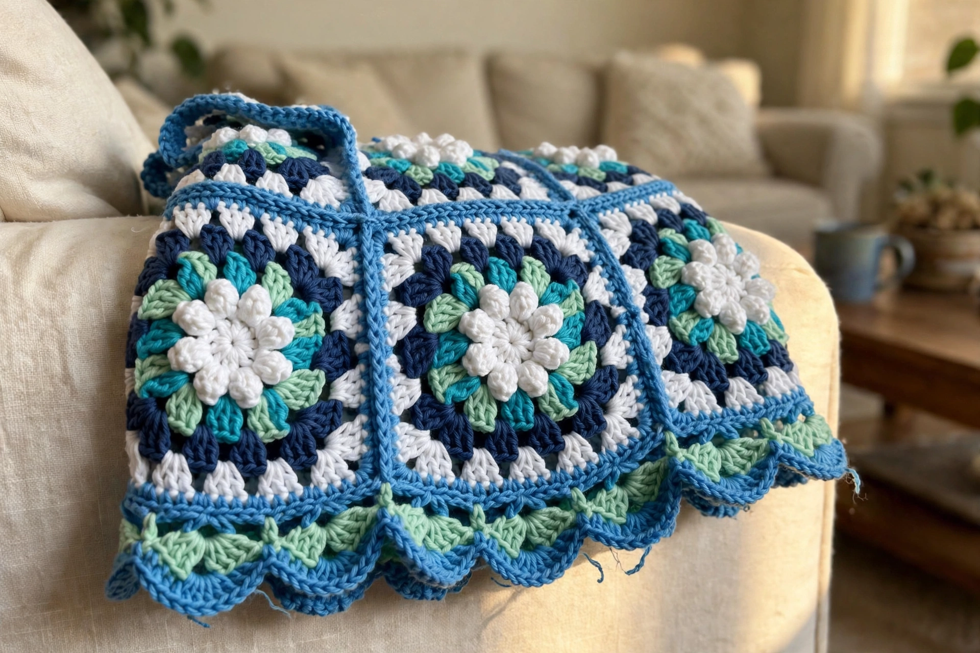 Close-up of floral granny squares in ocean blue colorway with scalloped hem on the baby dress