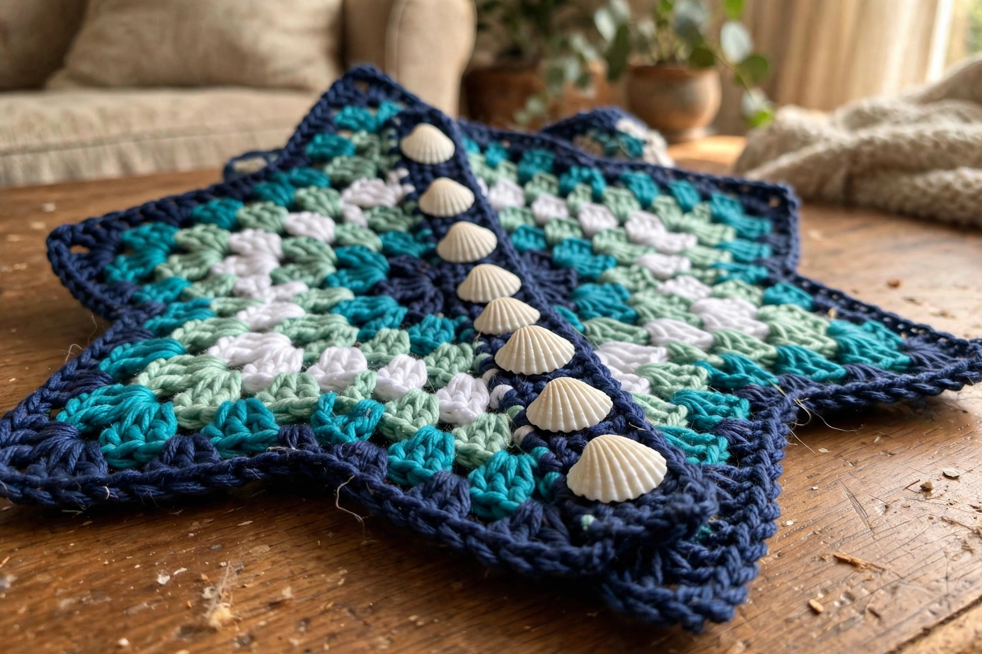 Close-up of seashell buttons and granny cluster stitches on the ocean blue star baby bunting