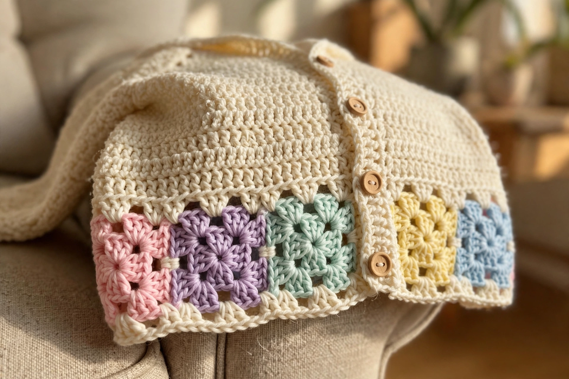 Close-up of pastel granny squares and wooden buttons on the toddler cardigan