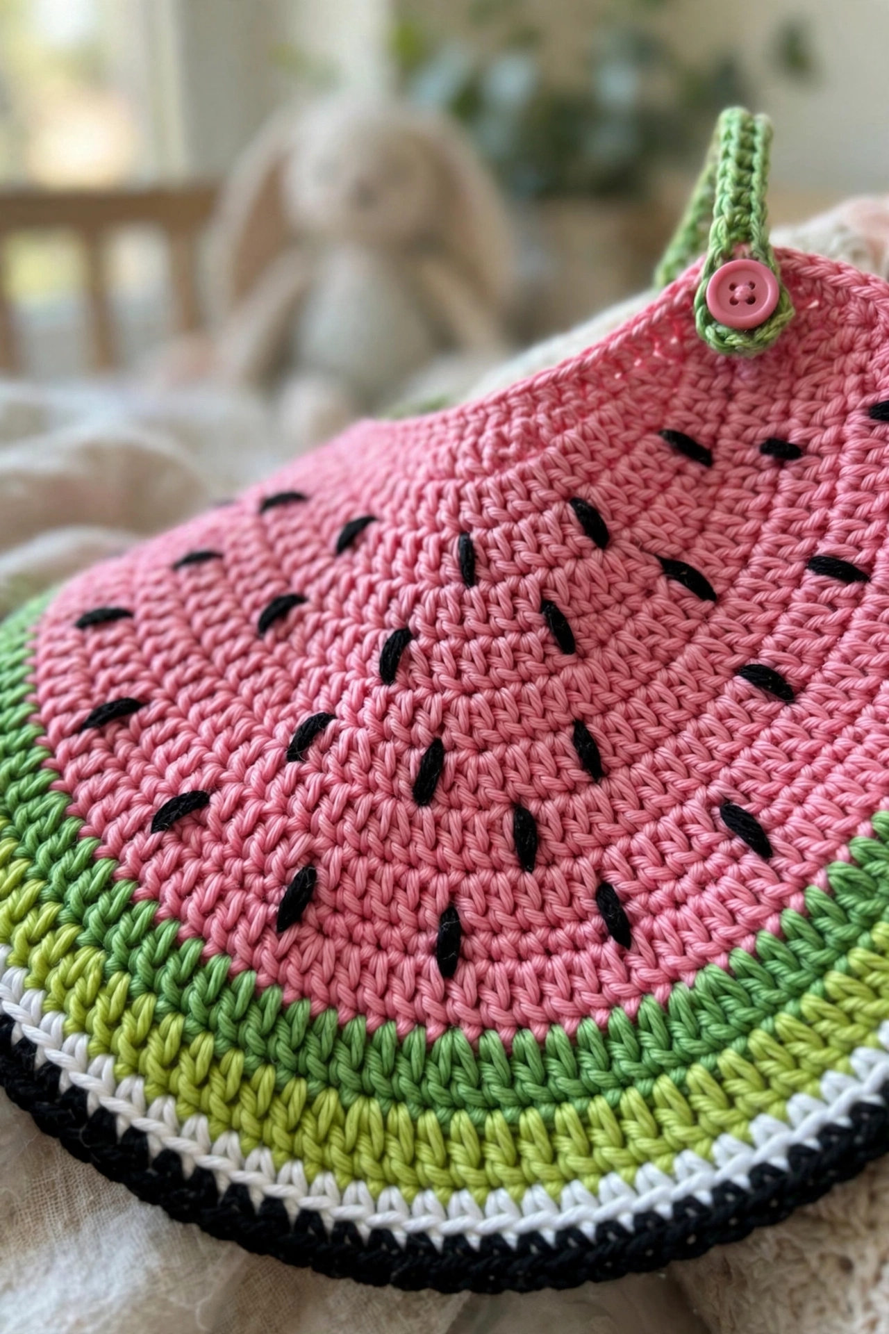 Close-up of the watermelon slice bib with layered rind bands and black embroidered seeds