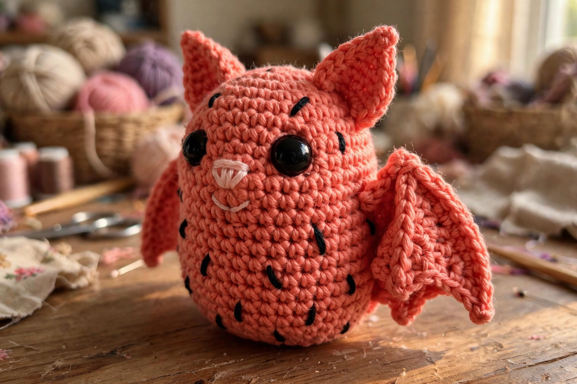 Close-up of the watermelon bat's face with safety eyes, embroidered nose, and seed embroidery